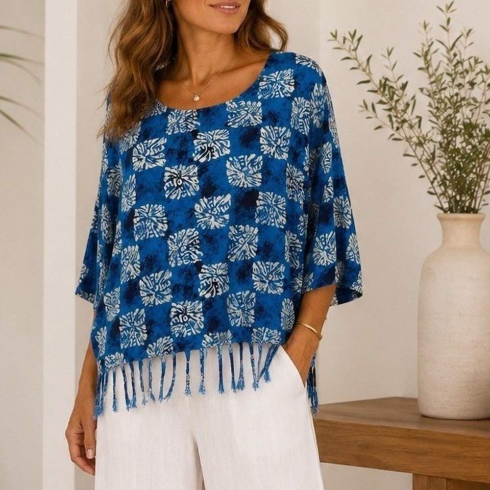 Carole Little Blue Batik Print‎ Blouse, Fringe Hem Vintage Top Size 12 Tropical